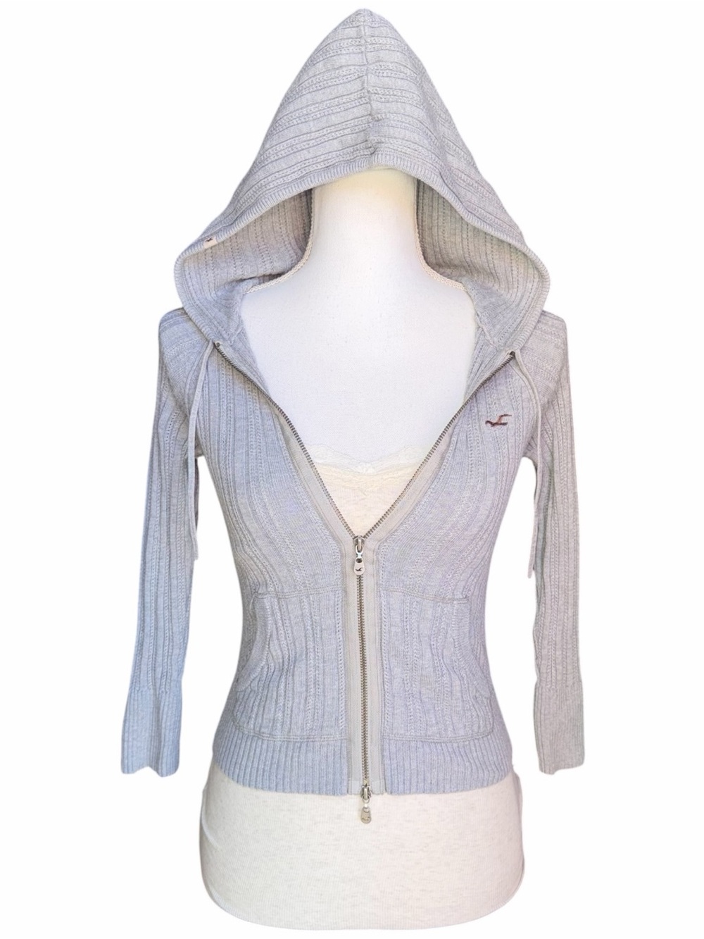 Y2K Hollister Hooded 3/4 Sleeve Double Zip Gray Sweater